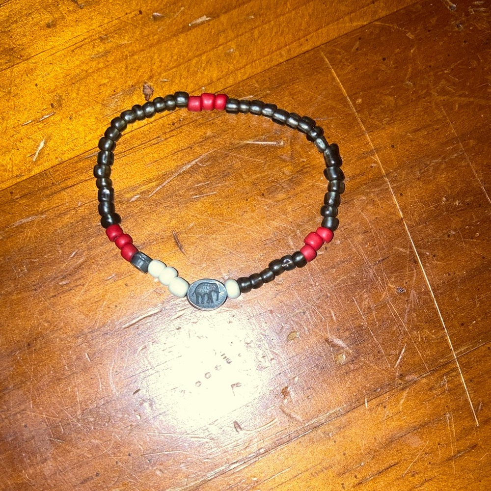 Beaded Bracelet with Elephant Charm - Red, Black, White